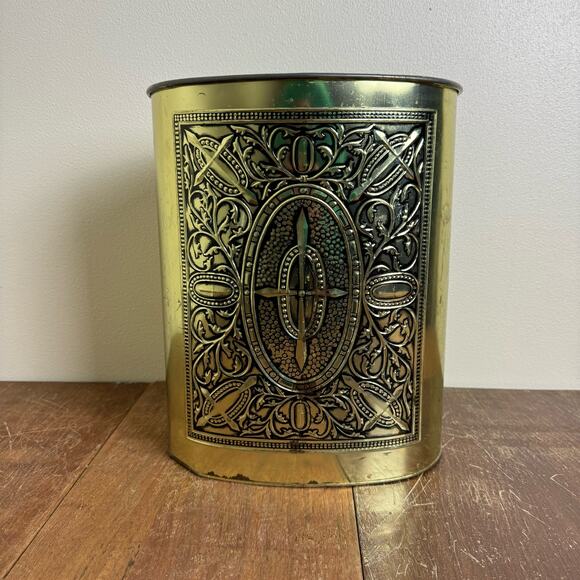 Vintage MCM Harvell Gold Oval Metal Trash Can‎ 13” Embossed Crosses Waste Basket - Picture 1 of 10